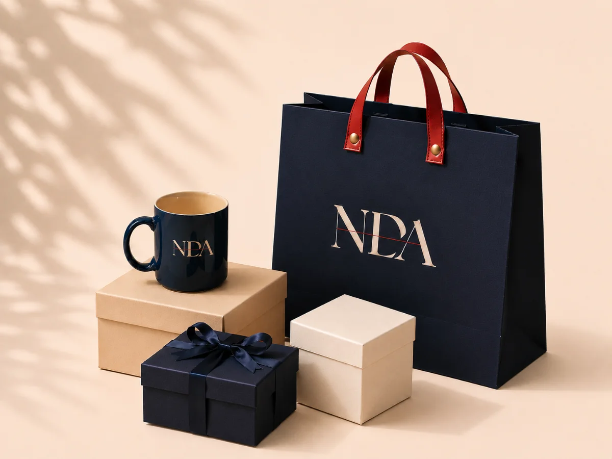 Branded merchandise — promotional items arranged on beige background
