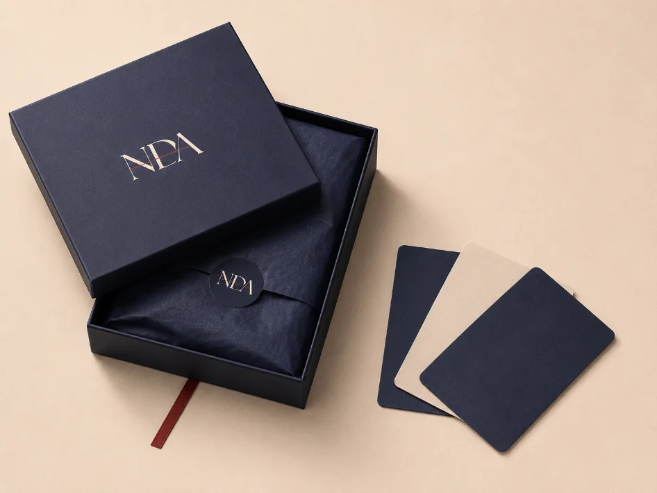 Packaging and print detail — navy branding on beige material
